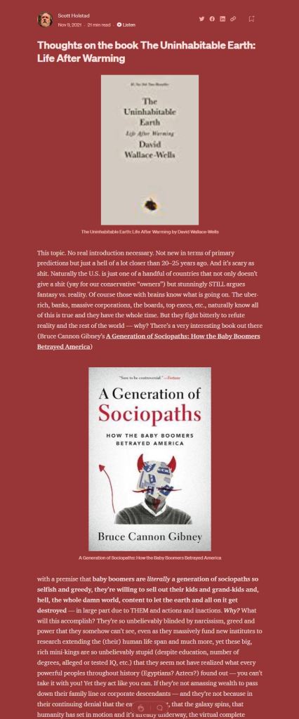 Scott C. Holstad. Thought on the book "The Uninhabitable Earth..." 11/09/2021