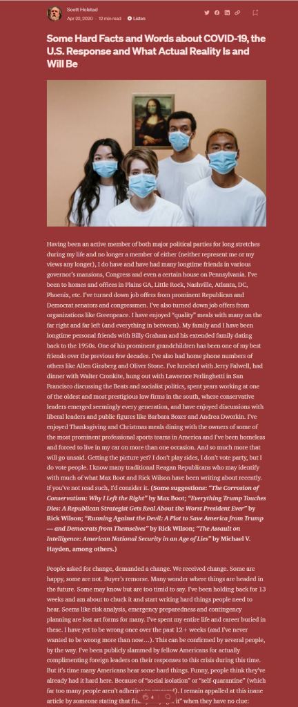 Scott C. Holstad. Some Hard Facts and Words about COVID-19 and Future... 04/22/2020