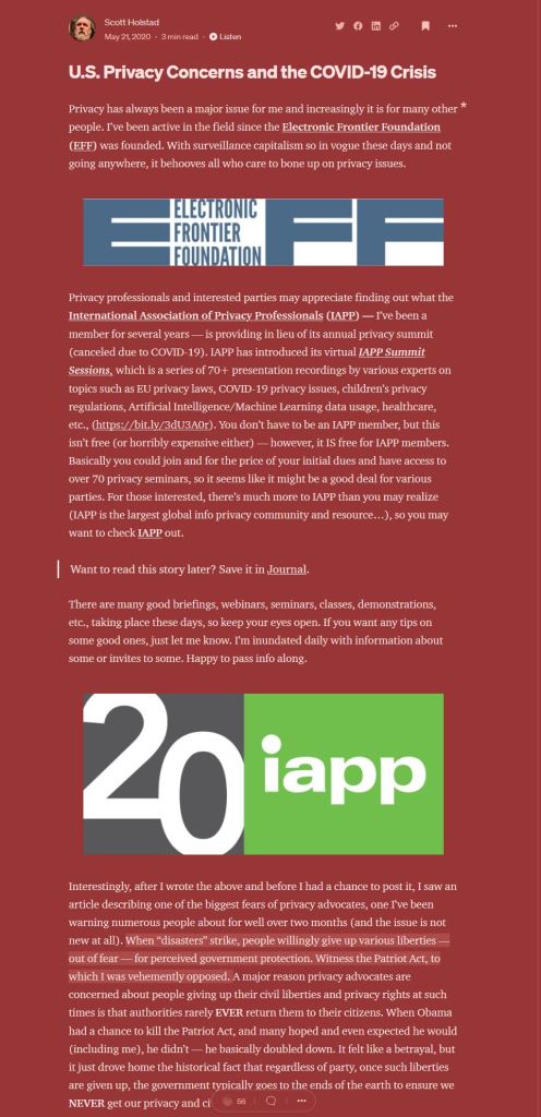 Scott C. Holstad. U.S. Privacy Concerns and the COVID-19 Crisis. 05/31/2020