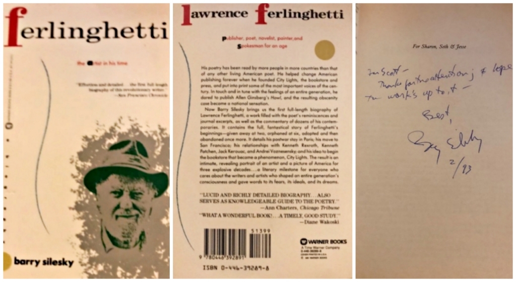 Barry Silesky's Ferlinghetti bio, autographed to Scott Holstad, February 1993