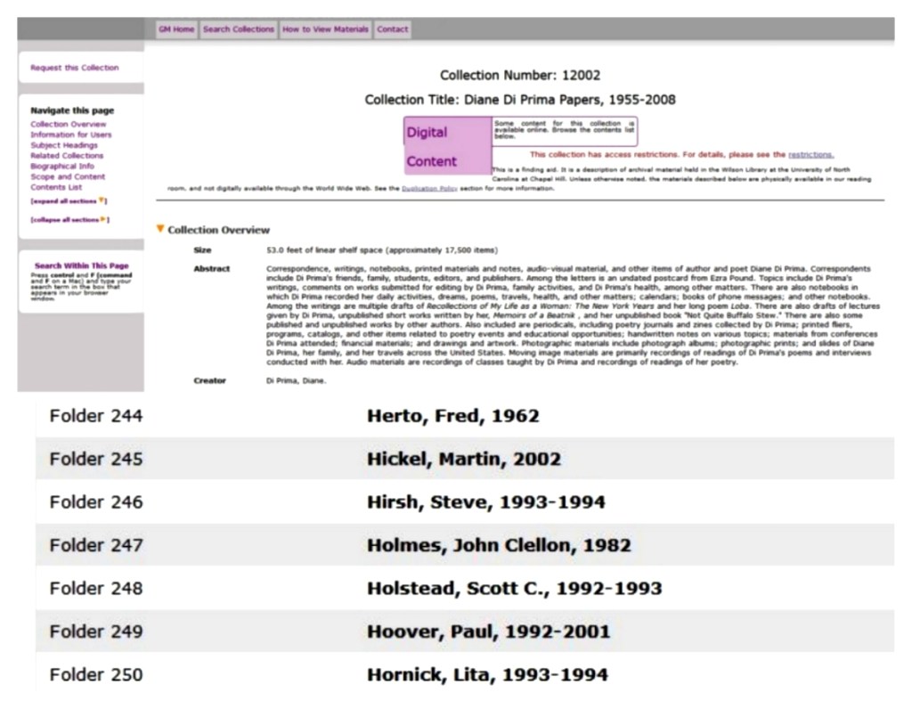 Scott C. Holstad 1992-93 correspondence in Folder 248 of the Diane Di Prima Papers collection at UNC's Special Collections Library
