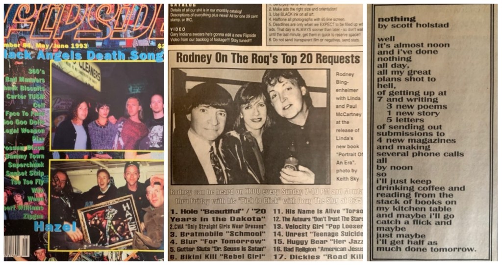 Flipside 84, 1993. Rodney on the Roq with Paul & Linda McCartney & the poem "nothing" by Scott C. Holstad