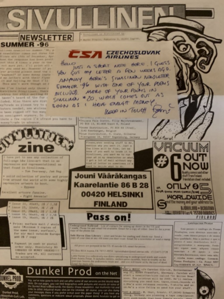 Sivullinen Newsletter 96 with a note to me from Jounni, the editor