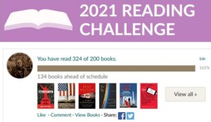 Scott Holstad's Goodreads 2021 Reading Challenge results -- he read 324 books out of a goal of 200 for the year, meeting his goal at 162%