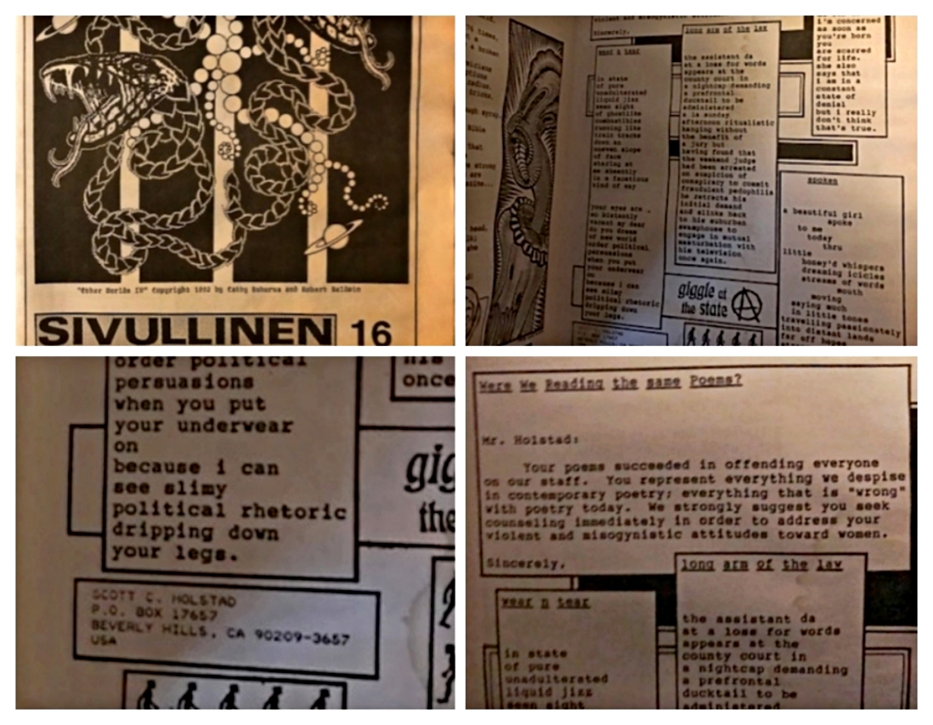 Sivullinen vol. 16. Collage shows cover, Scott Holstad page, his address & a rather "interesting" poem