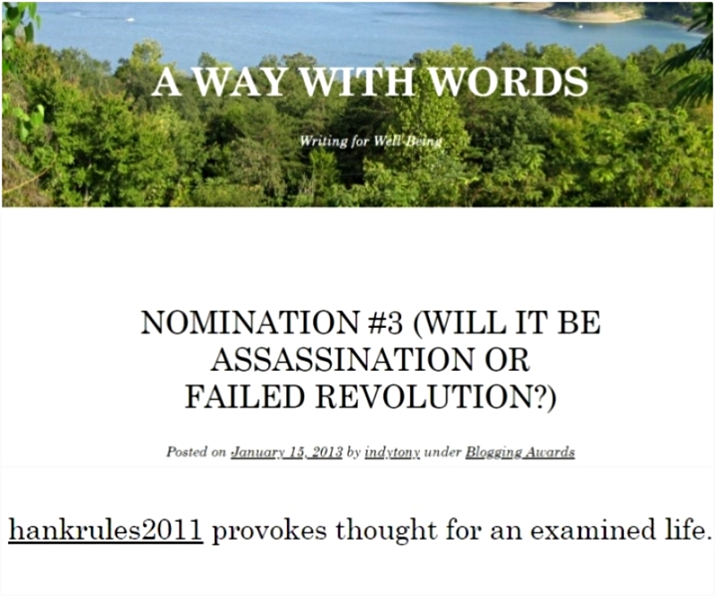 A Way With Words writes that Hankrules2011 provokes thought for an examined life.