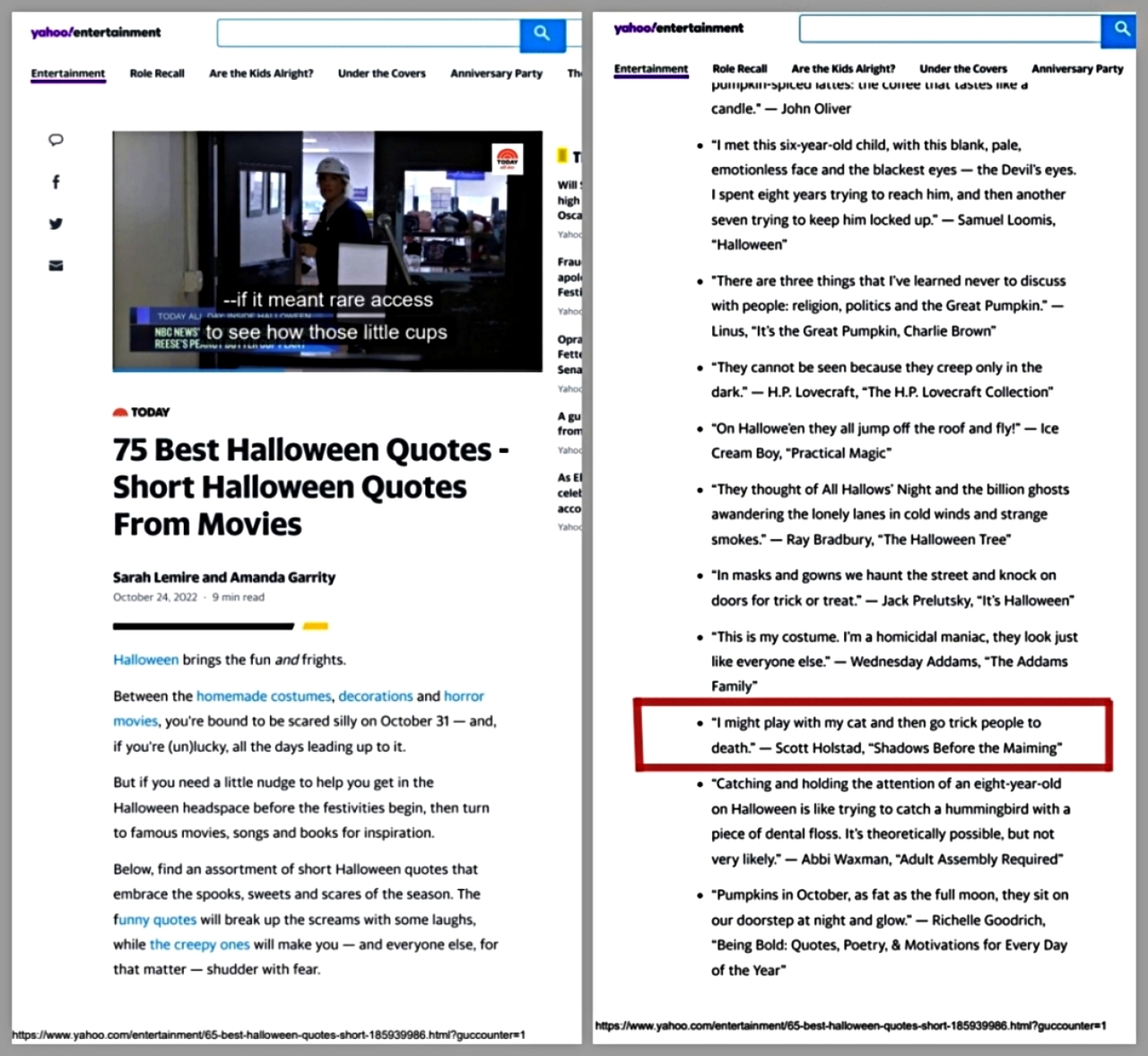 An excerpt from one of my pieces from Shadows Before the Maiming found in Yahoo's "75 Best Halloween Quotes - Short Halloween Quotes From Movies" article.